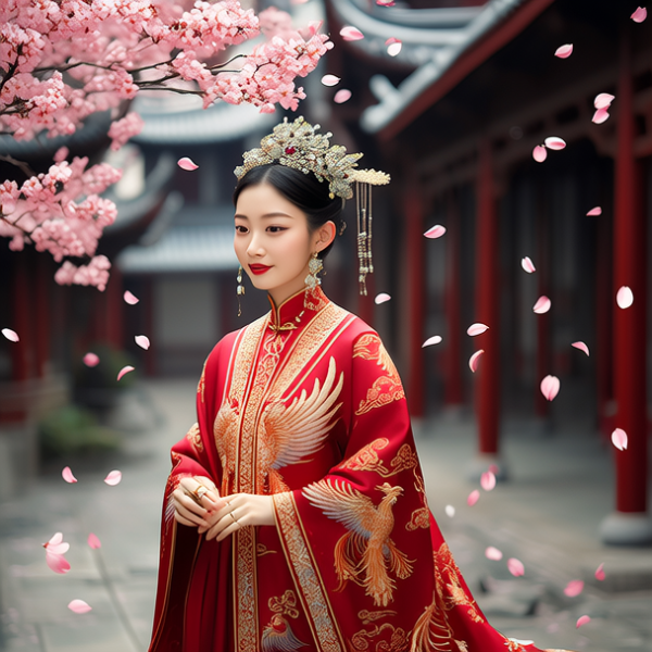 一位优雅的女性在古老的中国庭院中漫步，她身穿一件华丽的红色旗袍，旗袍上绣着金色的凤凰图案。她的头发被精心梳理并装饰着珍珠和翡翠。庭院中的樱花树在她周围盛开，落下的花瓣给画面增添了一种梦幻般的氛围。
