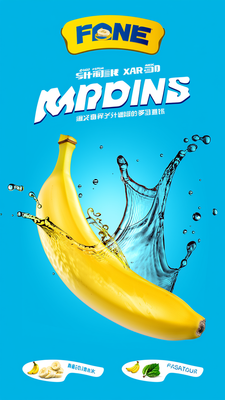 以香蕉为主题的食品商业海报，光滑完整的香蕉落入水中，通过飞溅效果传达出新鲜和多汁的感觉。